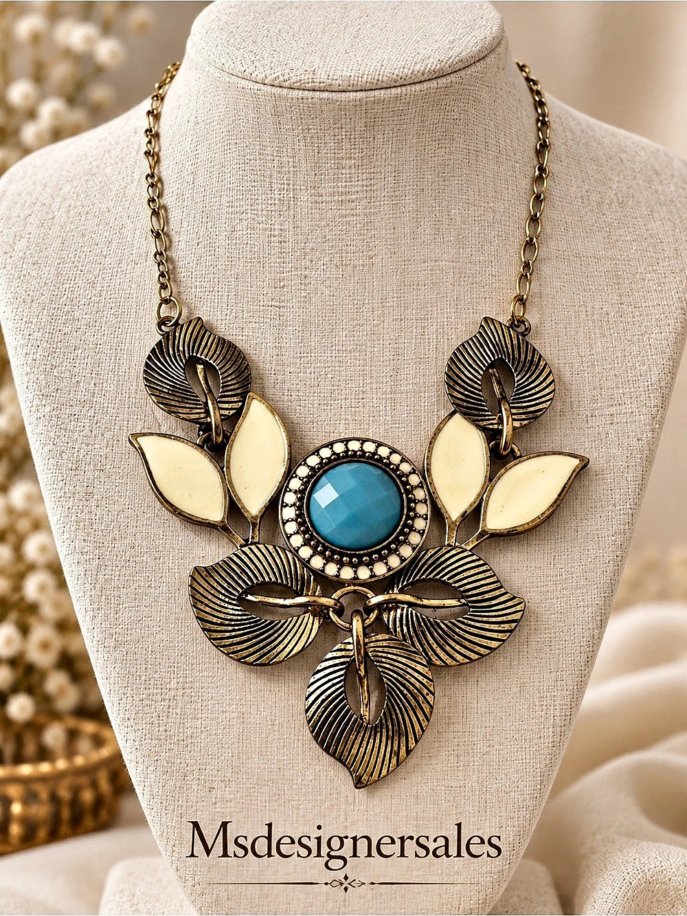 Statement Floral Pendant Necklace in Gold & Blue 202